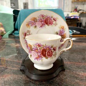 Vintage Queen Anne Floral Sprays Teacup and Saucer with Stand